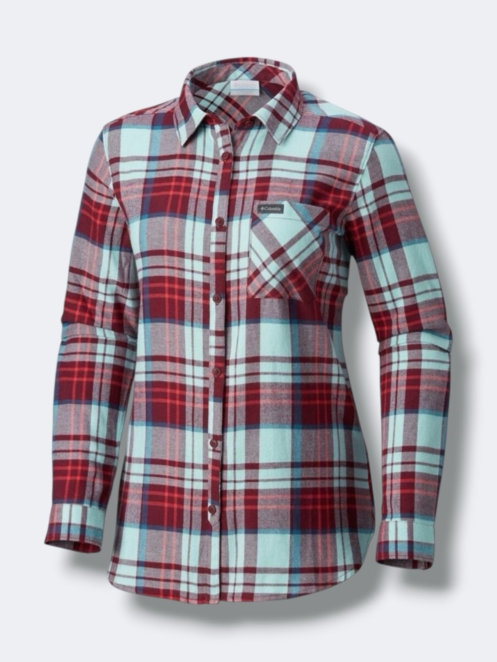 Columba Simply Put Flannel Shirt Small Red Aqua Plaid Cotton Button Down Soft